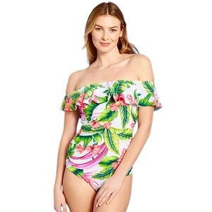 Kona Sol Tropical Floral One Piece Swimsuit - Green and Pink